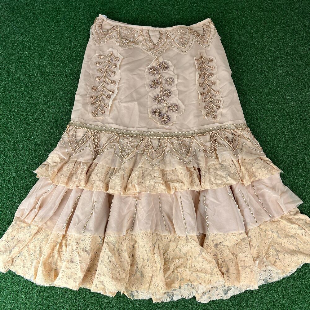 Vintage 90s Basil & Maude Tan Beaded Lace Tiered Fairy Cottagecore Skirt Sz 8